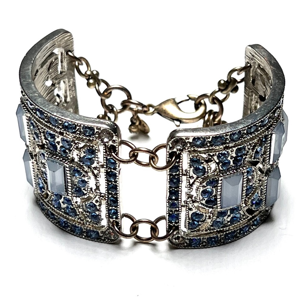 Lulu Frost for J Crew deco plate blue Czech cuff bracelet with dust bag